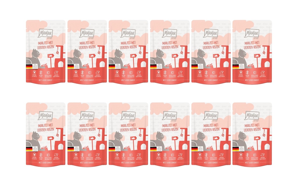 Mjamjam Alimentation humide Repas Quetschie avec des cœurs, 12 x 125 g