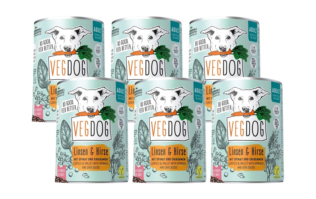 Vegdog Alimentation humide Adult lentilles + millet, 6 x 800g