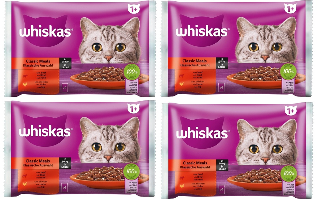 Whiskas Alimentation humide Sélection classique en sauce 1+, 4 x 4 x 85 g