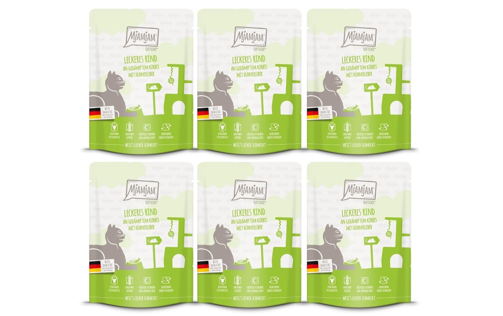 Mjamjam Alimentation humide Quetschie de bœuf & citrouille, 6 x 300 g