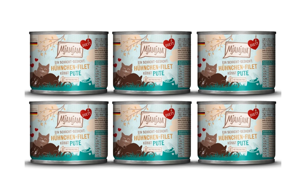 Mjamjam Alimentation humide Duo poulet-filet embrasse dinde, 6 x 190 g