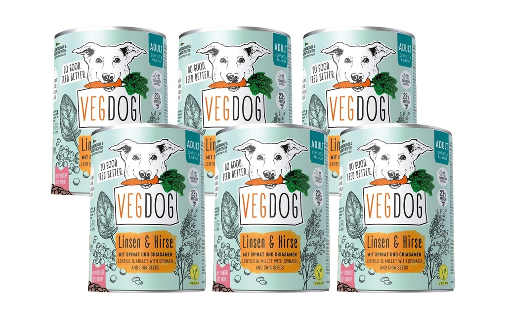 Vegdog Alimentation humide Adult lentilles + millet, 6 x 400g