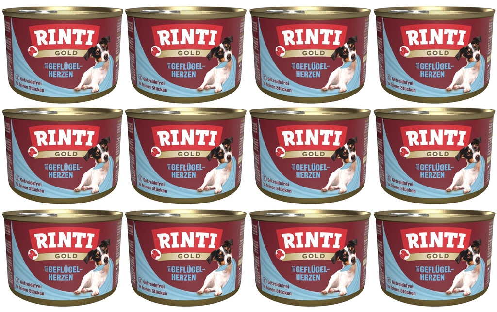 Rinti Alimentation humide Boîte or avec cœurs de volaille, 12 x 185 g