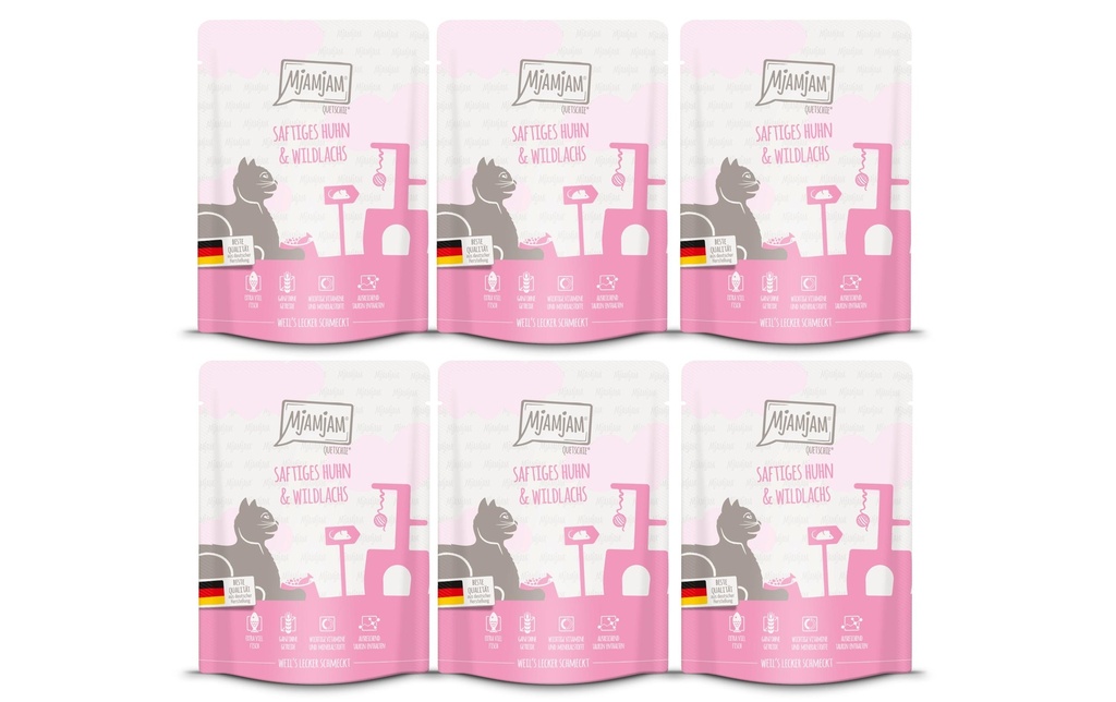 Mjamjam Alimentation humide Quetschie Poulet & Saumon sauvage, 6 x 300 g