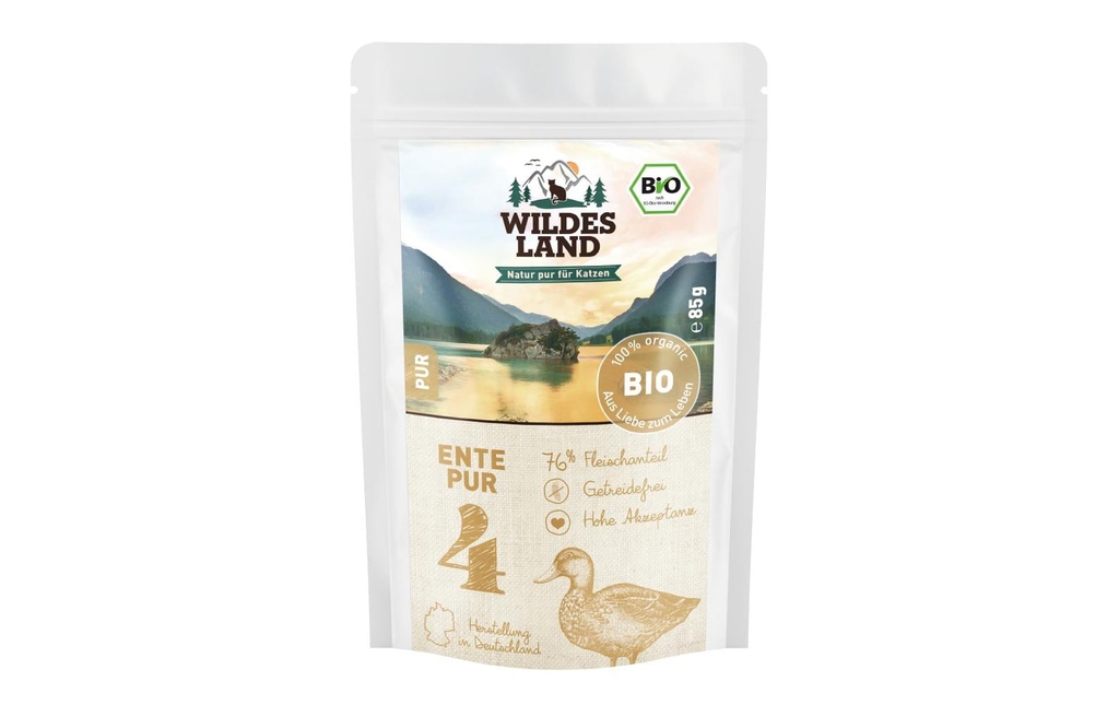 Wildes Land Alimentation humide Adult BIO Canard PUR avec. Huile de saumon 12 x 85 g
