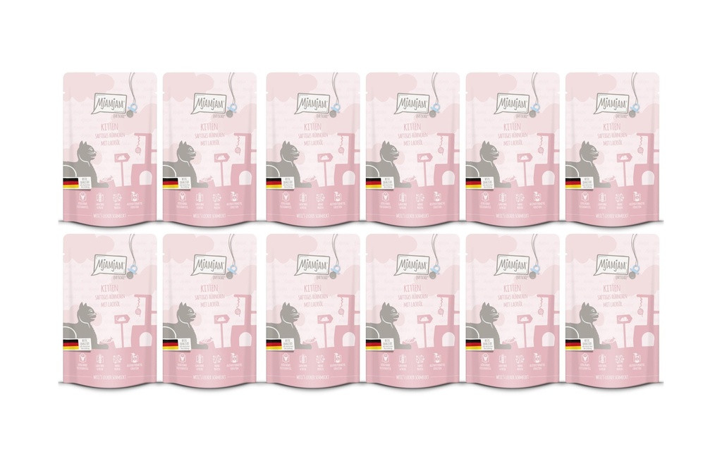 Mjamjam Alimentation humide Quetschie Kitten poulet avec huile de saumon, 12 x 125 g