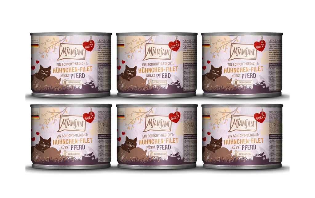 Mjamjam Alimentation humide Duo poulet-filet embrasse cheval, 6 x 190 g