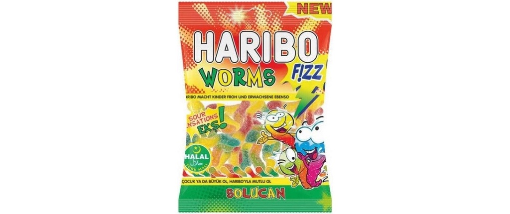 Haribo Int. Bonbons gommeux HALAL Fizz Worms Sour/Solucan 80 g