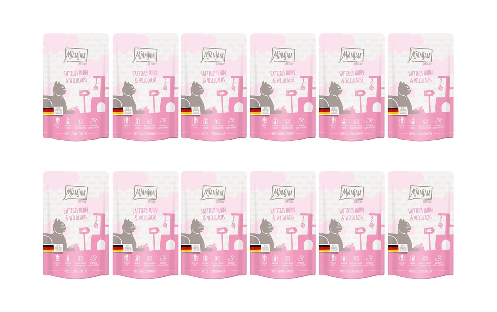 Mjamjam Alimentation humide Quetschie Poulet & Saumon sauvage, 12 x 125 g
