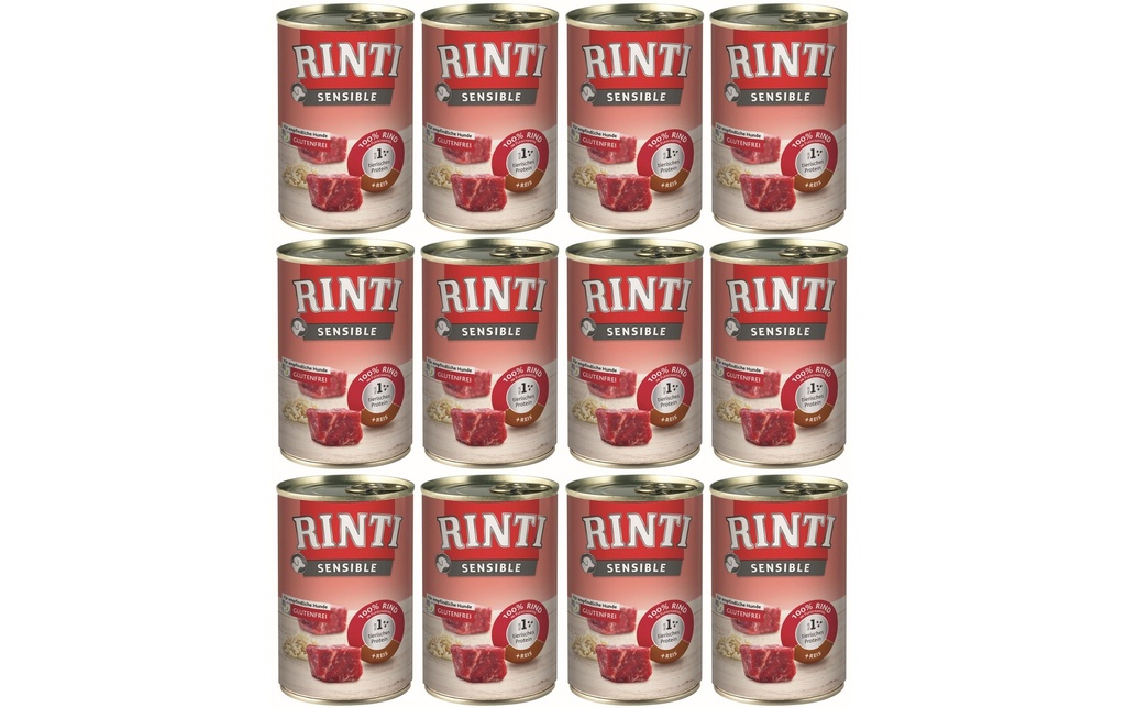 Rinti Alimentation humide Boîte sensible bœuf + riz, 12 x 400 g