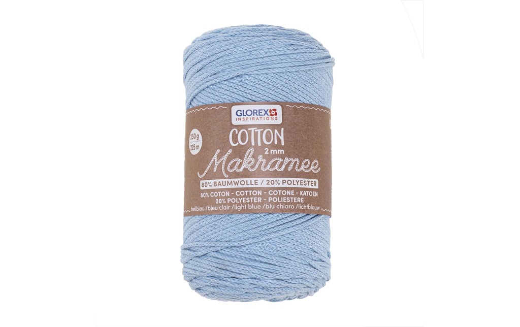 Glorex Laine Macramee Cotton 225m x 2 mm, 250g, bleu clair