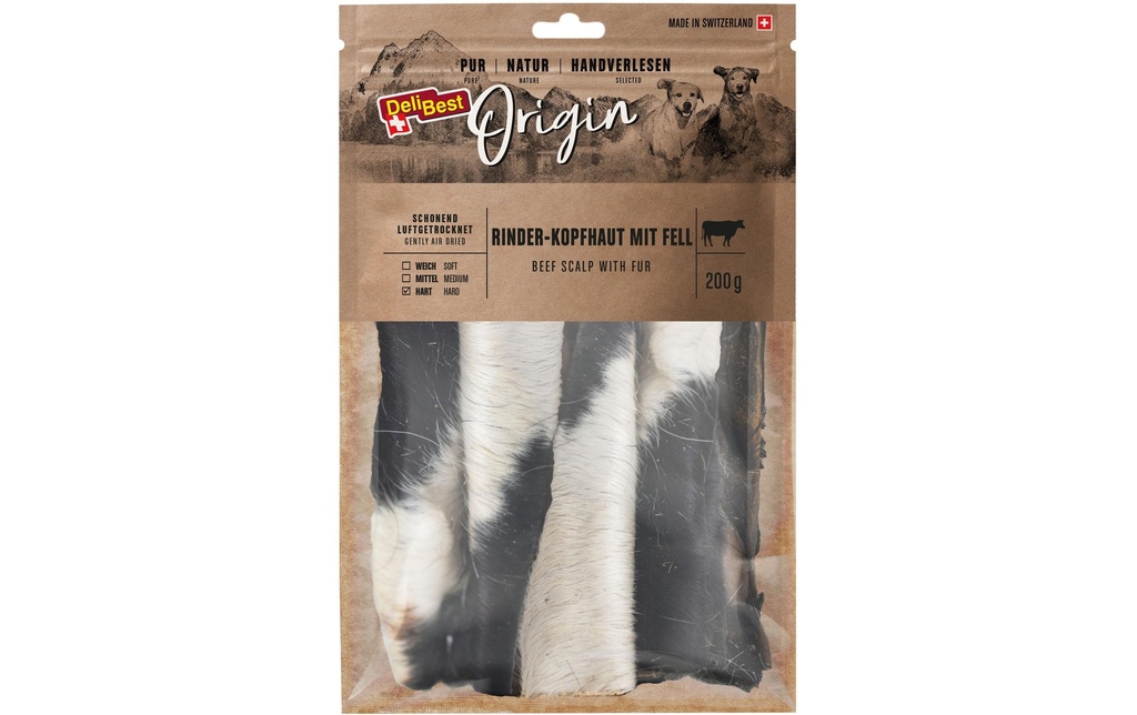 DeliBest Produit à mâcher  Origine Peau de tête de bovin avec fourrure 15 cm, 200 g