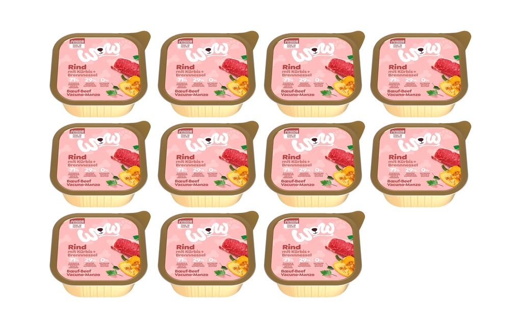 WOW Alimentation humide Junior bœuf coquille, 11 x 150 g