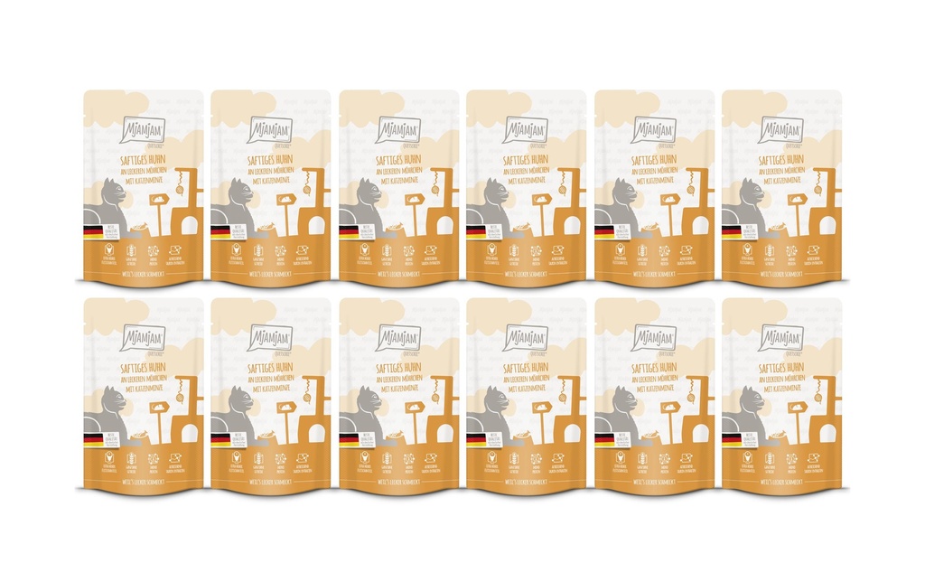 Mjamjam Alimentation humide Quetschie poulet & morilles, 12 x 125 g