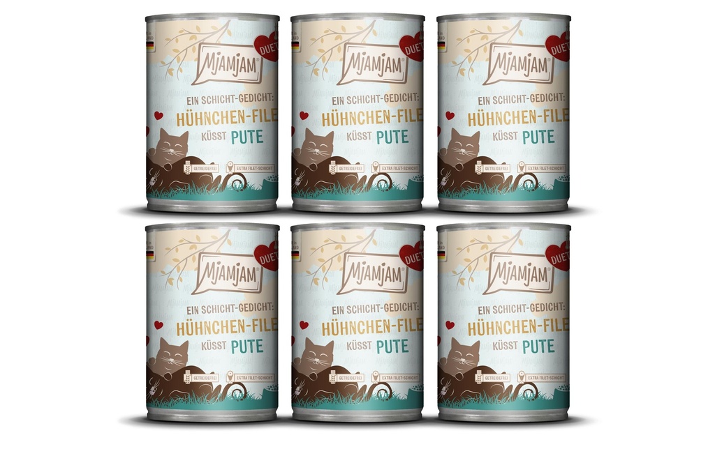 Mjamjam Alimentation humide Duo poulet-filet embrasse dinde, 6 x 390 g
