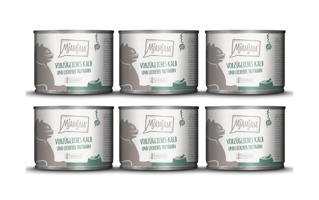 Mjamjam Alimentation humide Boîte veau & dinde, 6 x 200 g