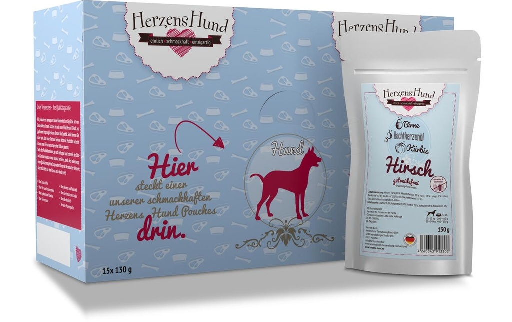HerzensHund Alimentation humide Cerf sans céréales avec courge bio, 130 g