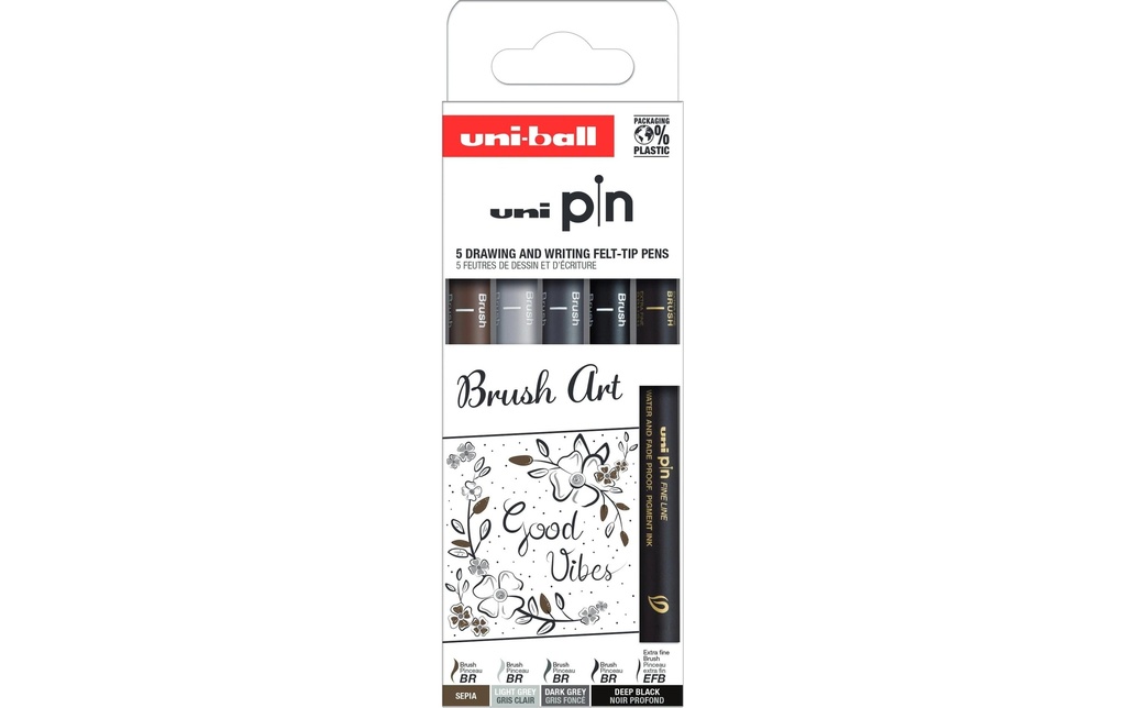 Uni Fineliner Brush Art, Noir / Gris / Sépia, 5 pièces
