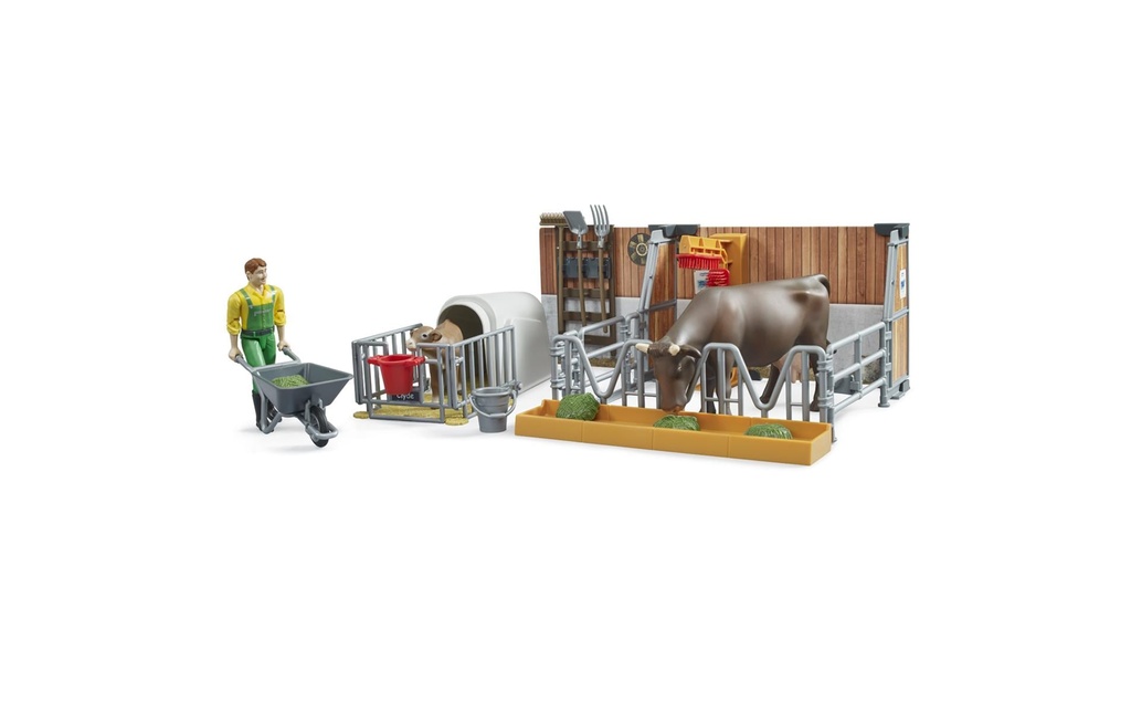 Bruder Spielwaren Étable pour vaches et veaux avec agriculteur