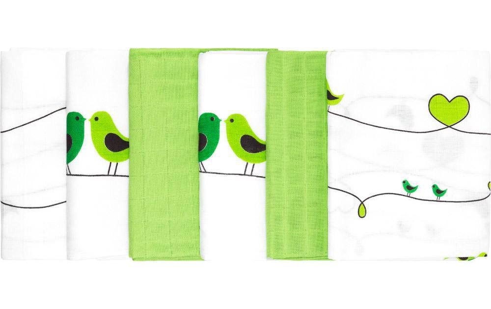 MAKIAN Serviette en gaze 6-er Set 80 x 80 cm Oiseaux verts et blancs