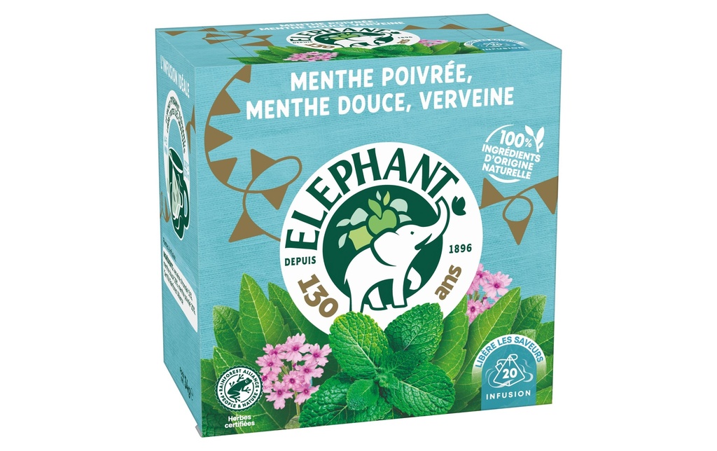 Eléphant Sachet de thé Menthe poivrée, Mente Douce, Verveine 20 pièces