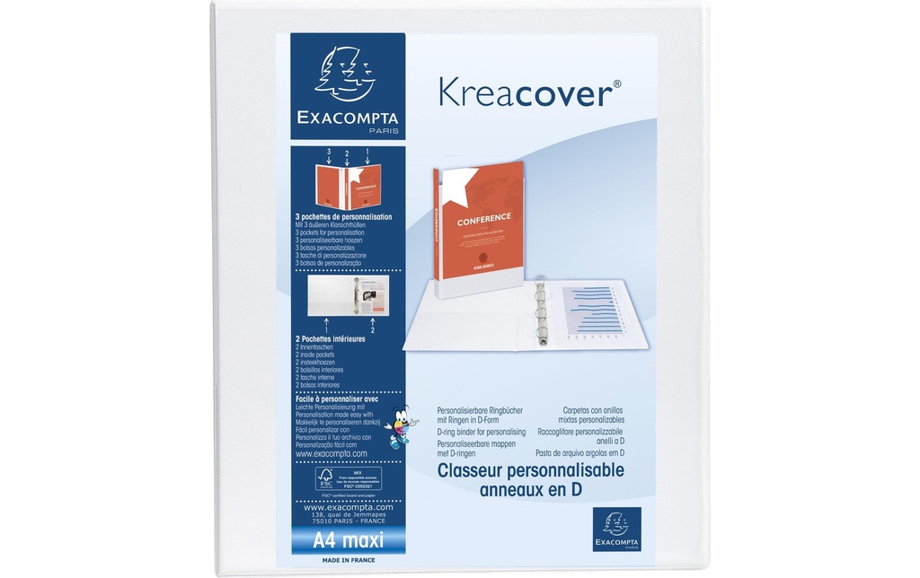 Exacompta Classeur à anneaux Kreacover A4 Maxi, 4 anneaux en D, 3.8 cm, Blanc
