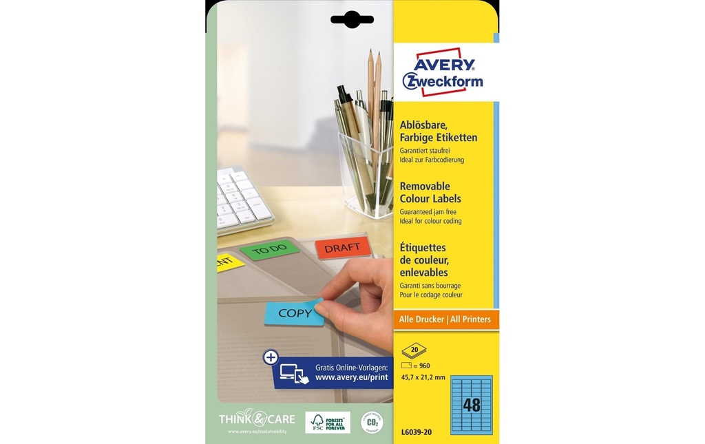 Avery Zweckform Étiquettes universelles non-permanent Bleu, 20 feuille