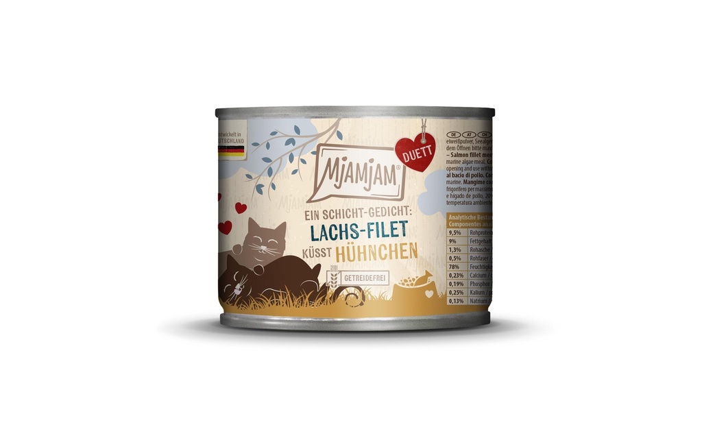 Mjamjam Alimentation humide Duo de filet de saumon embrassant du poulet, 190 g