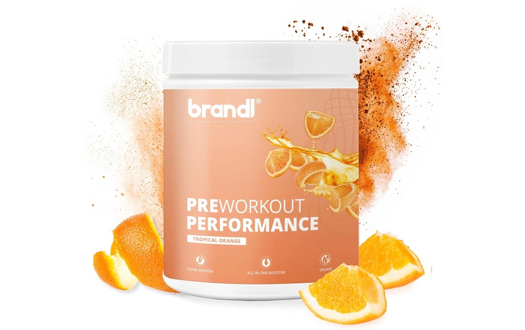 Brandl-Nutrition Booster pré-entraînement tout-en-un sans caféine Orange 500 g