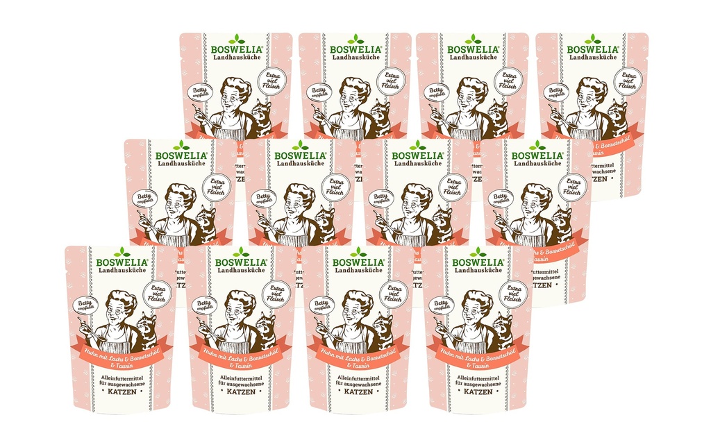 Betty's Landhausküche Alimentation humide Poulet au saumon & huile de bourrache, 12 x 100 g