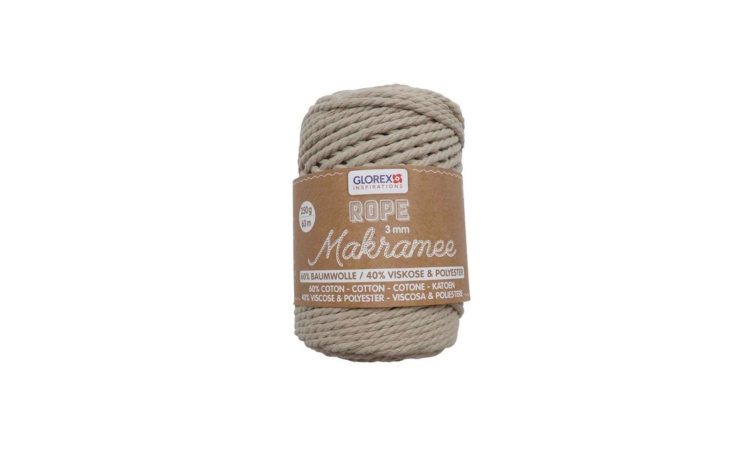 Glorex Laine Macramé Corde tordue 3 mm, 250 g, Beige