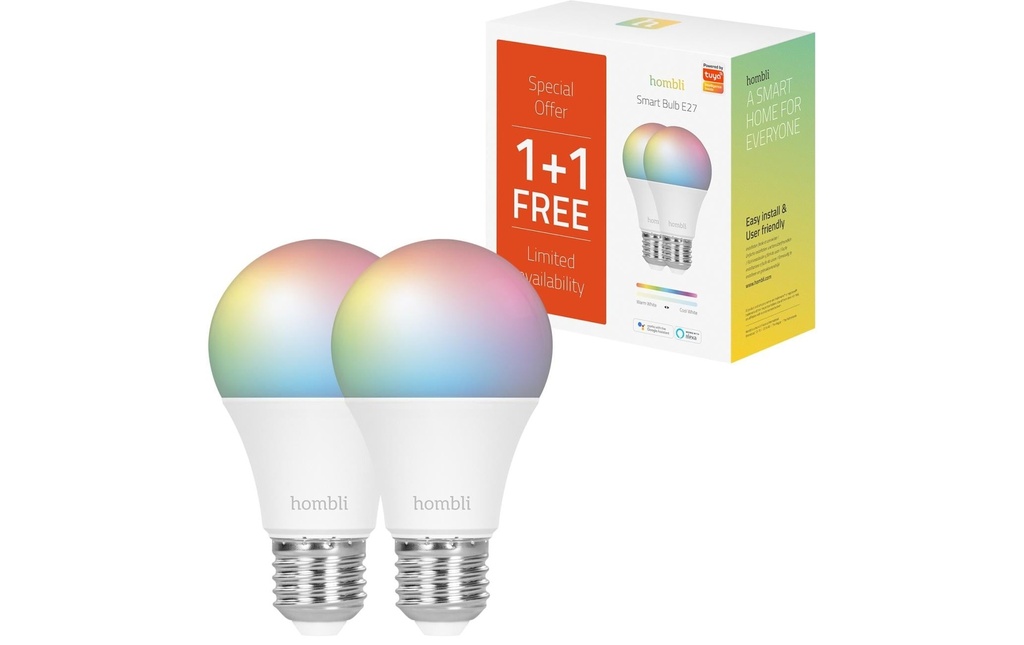 hombli Ampoules Smart Bulb, E27, 9W, RGB + CCT, 1+1 pack