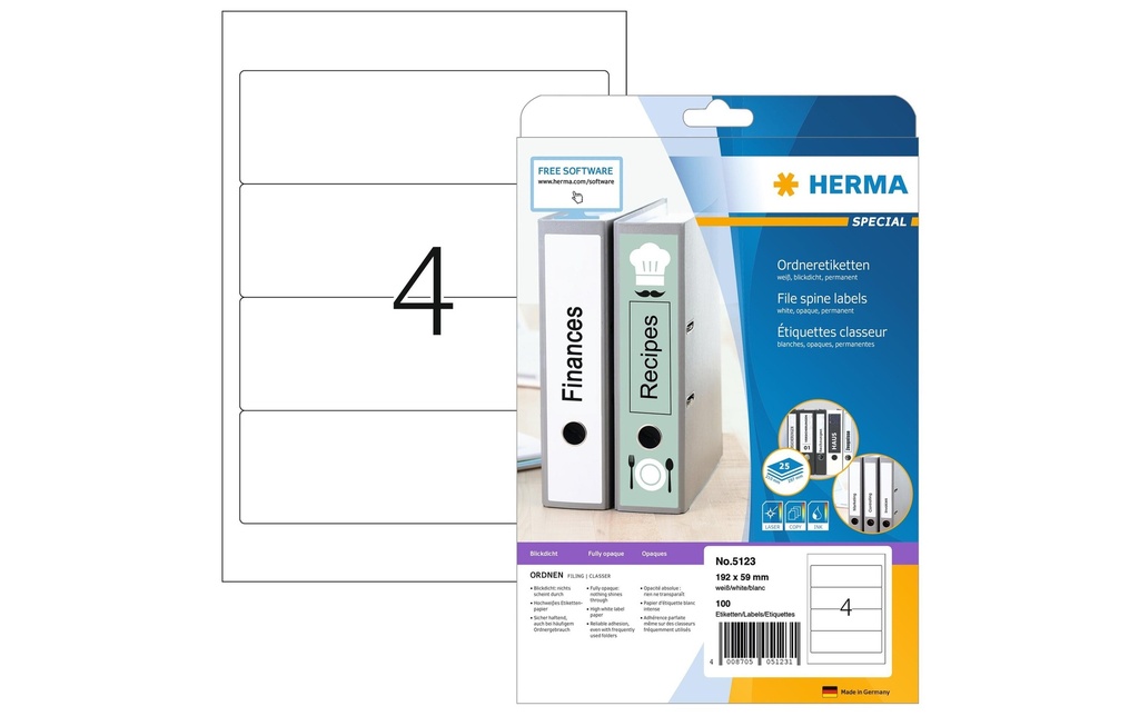 HERMA Étiquettes à classeur 5123 192 x 59 mm permanent, Weiss