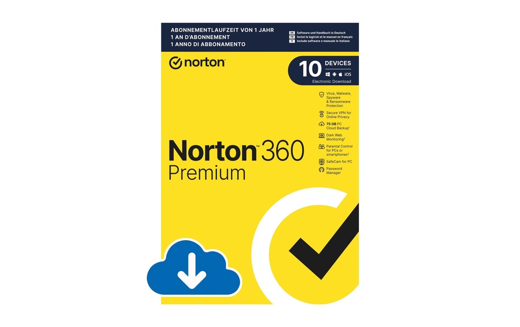 Norton Norton 360 Premium ESD, 10 Dispositif, 1 an