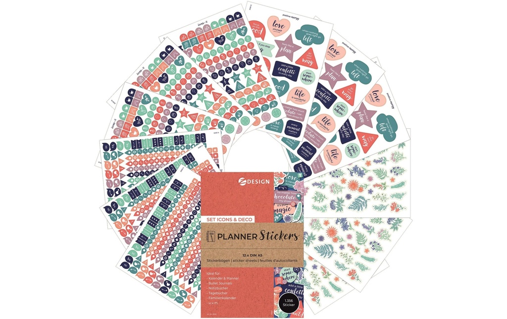 Z-Design Autocollant à motif Planner Icons & Deko 12 feuilles, 1.356 autocollants