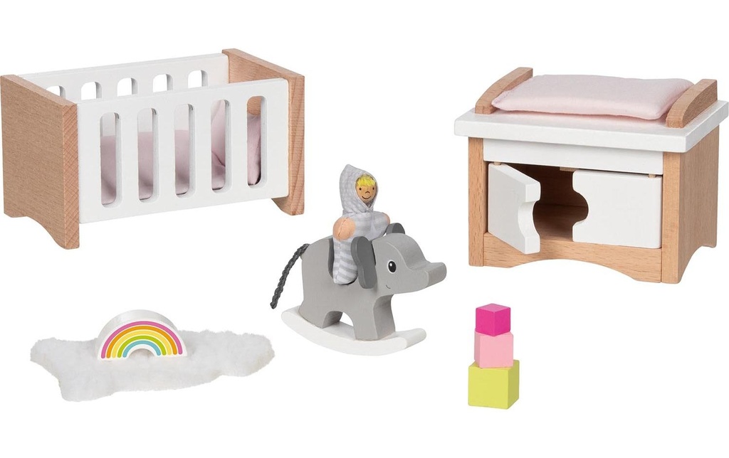 Goki Meuble de maison de poupée Aménagement de la chambre de bébé 12 pièces
