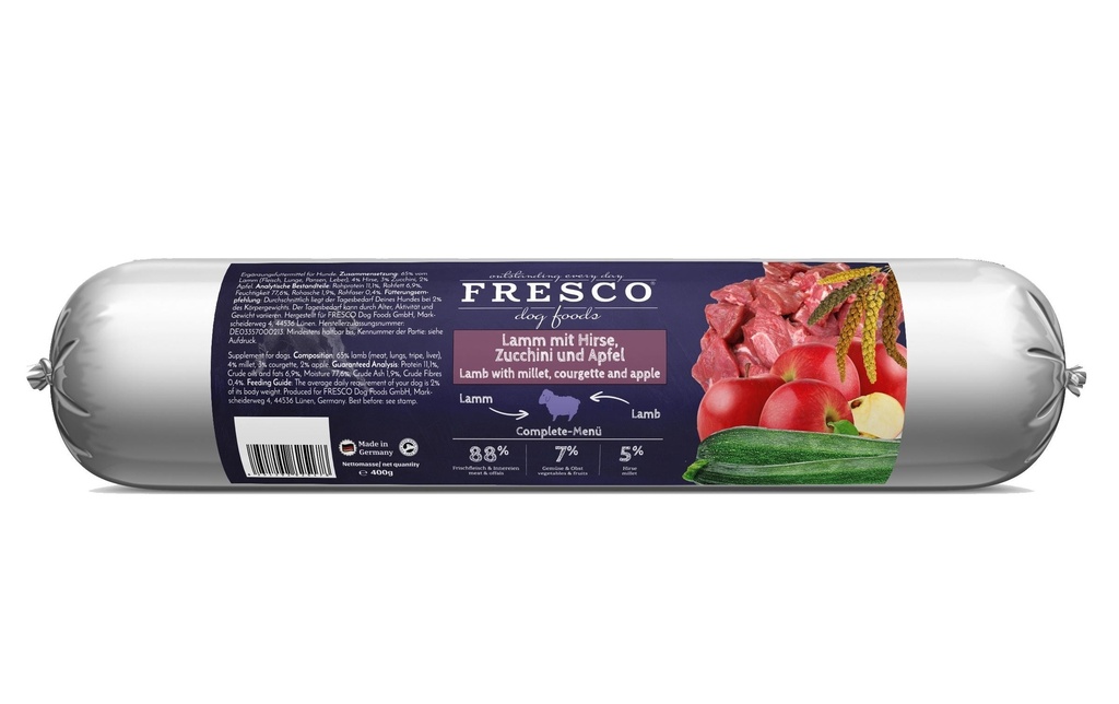 FRESCO Alimentation humide BARF Agneau avec millet, 400 g