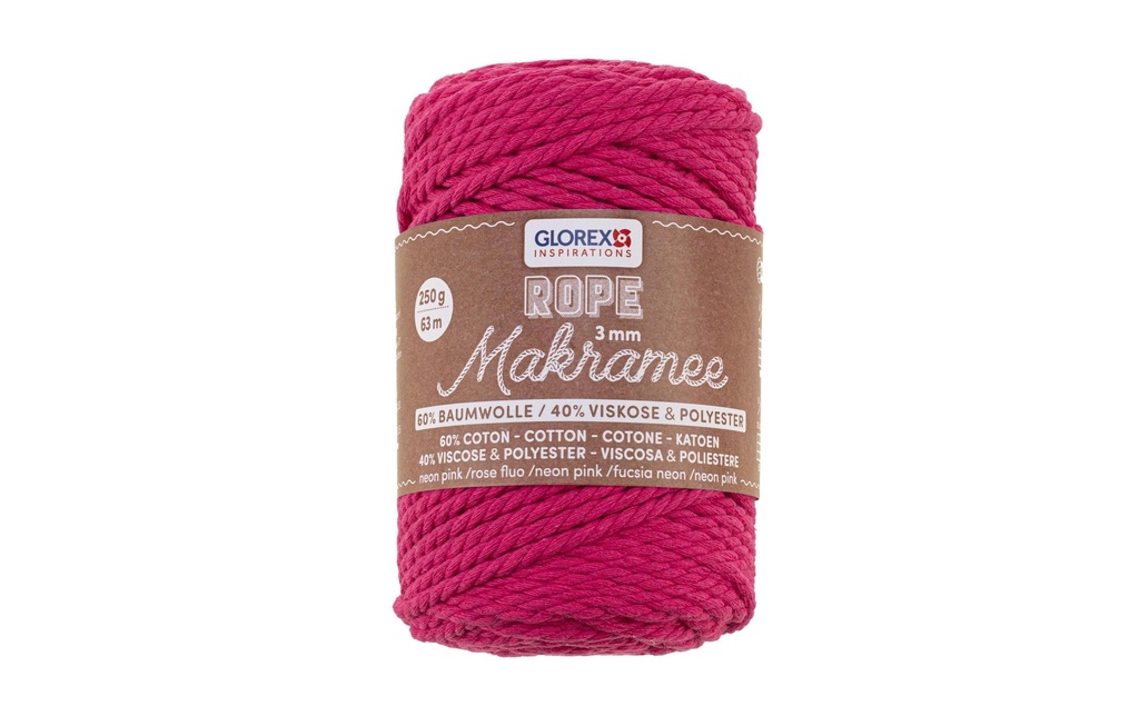 Glorex Laine Macramee Rope torsadé 63 m x 3 mm, 250g, rose fluo