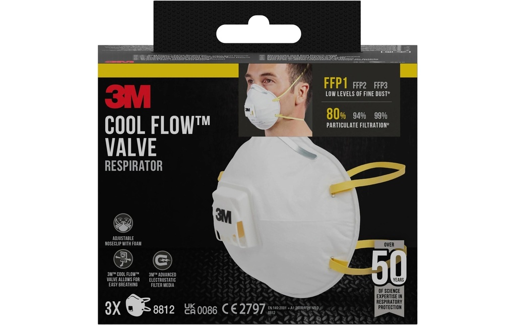 3M Masque de protection respiratoire 8812, FFP1, Soupape, 3 pièces