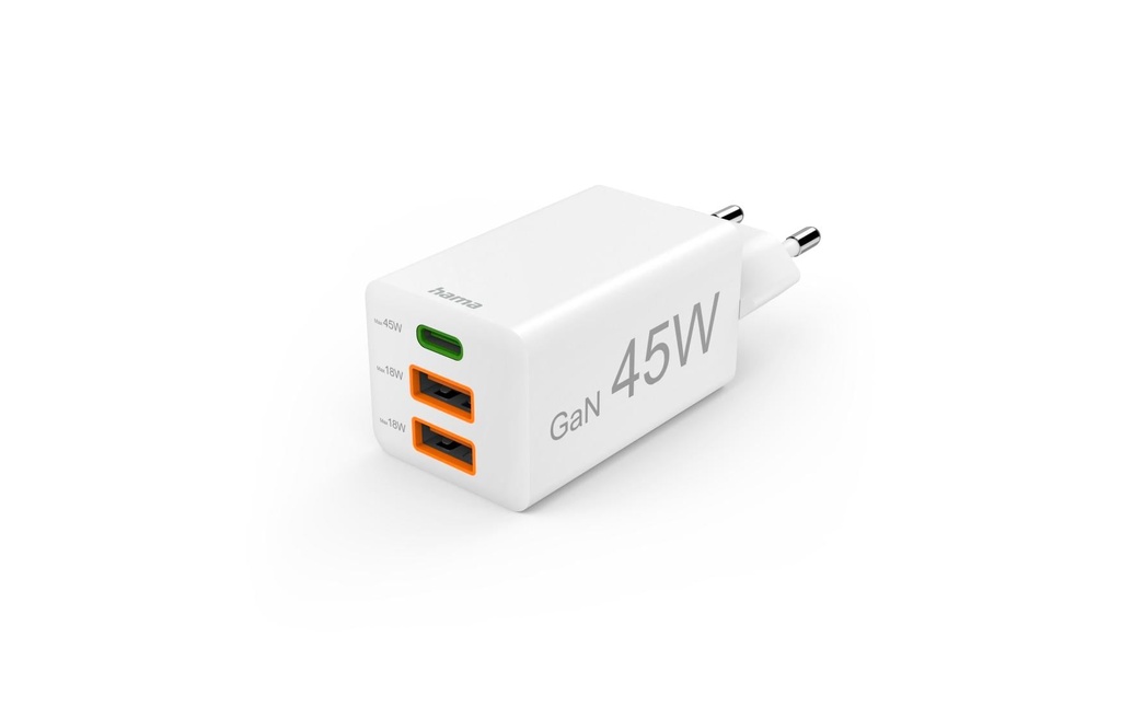Hama Chargeur mural USB Gan charger 2x USB-A USB-C 45 W Blanc