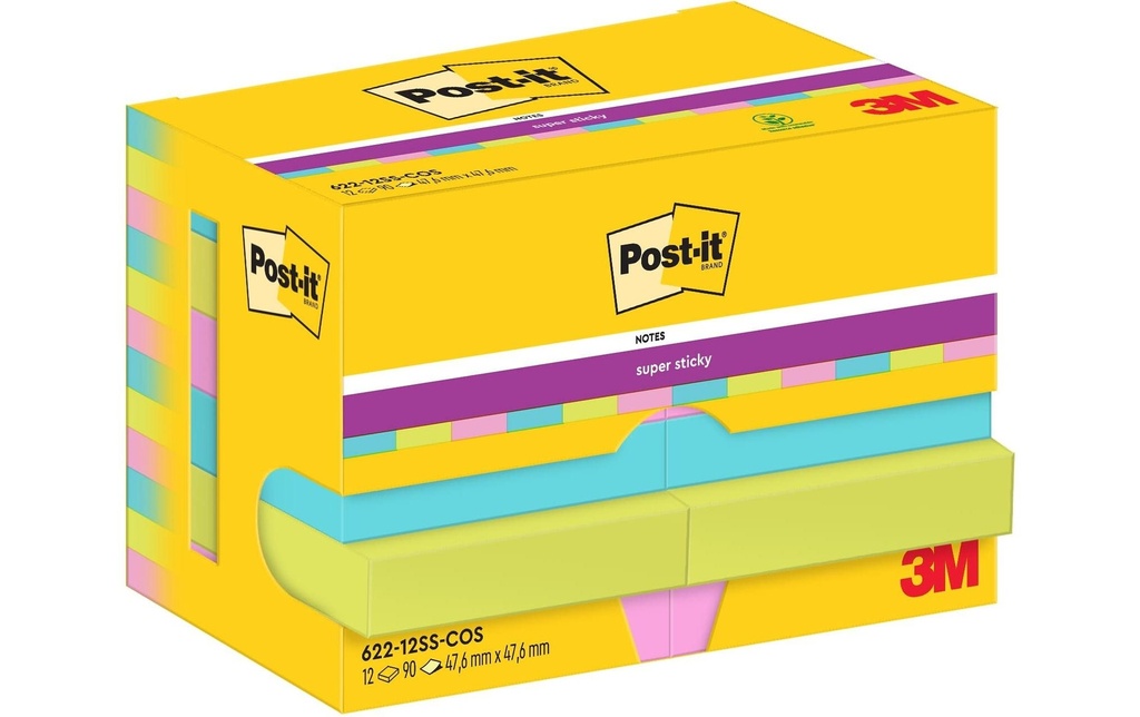 Post-it Fiche de bloc-notes Super Sticky 47 x 47 mm, Cosmic, 12 blocs