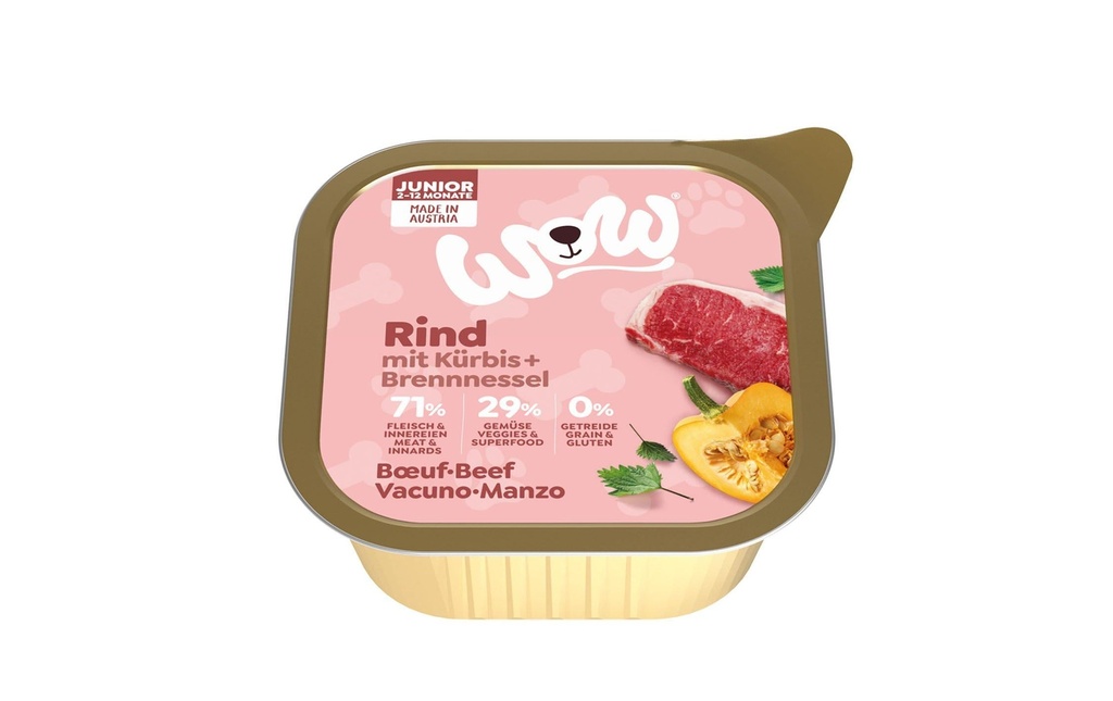 WOW Alimentation humide Junior bœuf coquille 150g