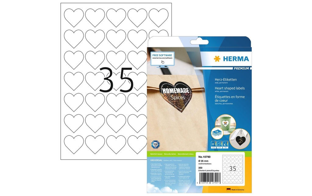 Herma Stickers Autocollant à motif Coeurs Blanc10 feuilles de 35 autocollants chacune