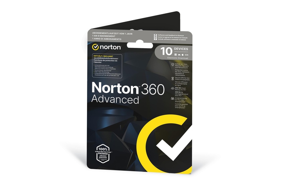 Norton 360 Advanced Sleeve, 10 Device, 1 an, 200GB de stockage dans le cloud