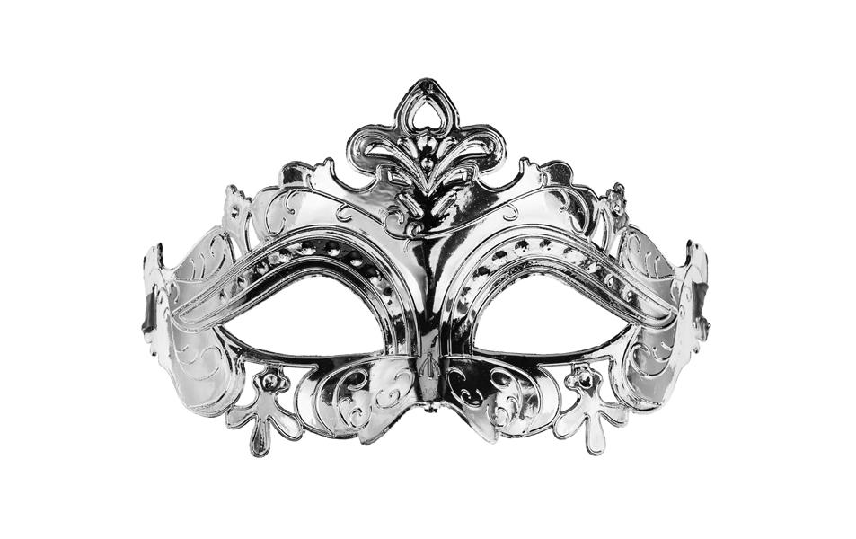 Partydeco Masque de carnaval, 17 x 9 cm, avec ruban, argent