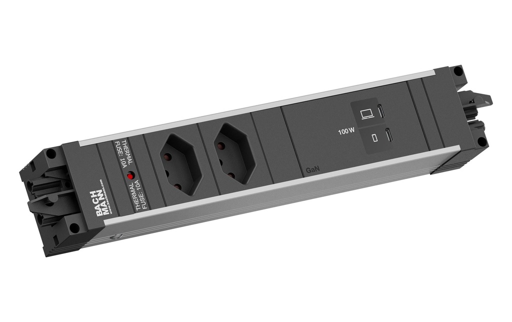 Bachmann Bloc multiprises d’encastrement STEP ALU 2xT13 90° 1xUSB C/C 100W