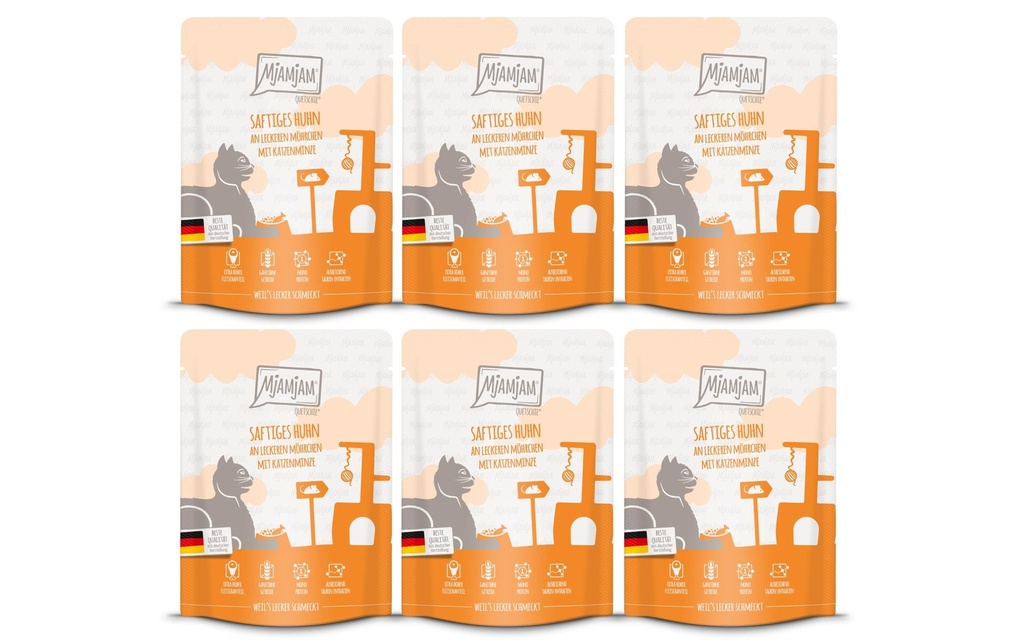 Mjamjam Alimentation humide Quetschie poulet & morilles, 6 x 300 g
