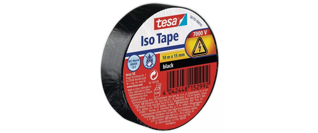 tesa Bande isolante -Set Iso Tape, 15 mm x 10 m, 10 rouleaux, Noir