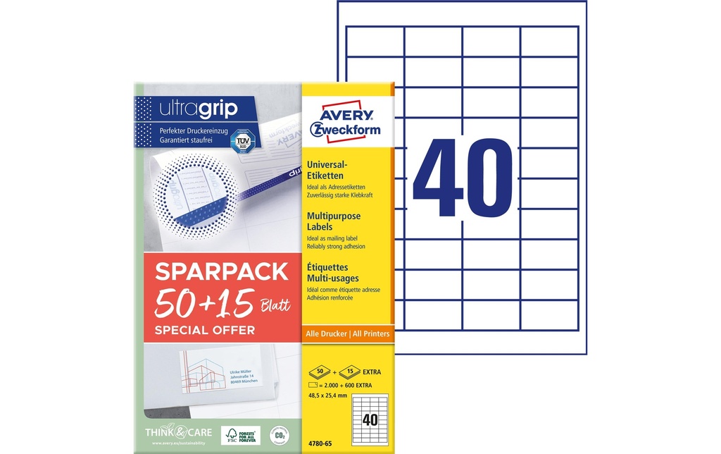 Avery Zweckform Étiquettes universelles 4780-65, 48.5 x 25.4 mm, 65 feuille