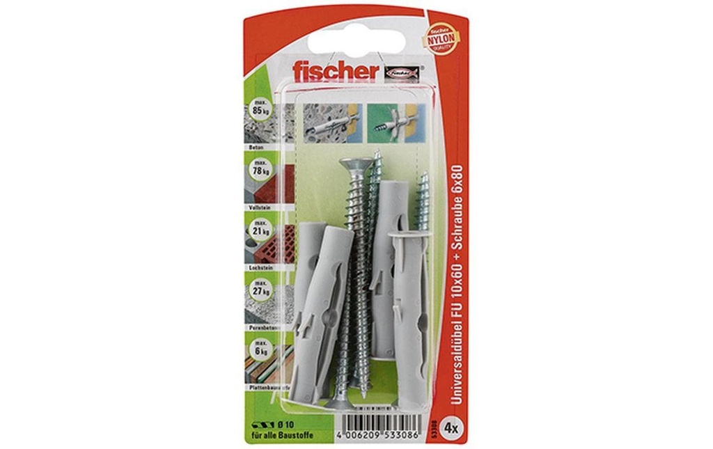 Fischer Cheville universelle  FU 10 x 60 S, 4 Pièce/s